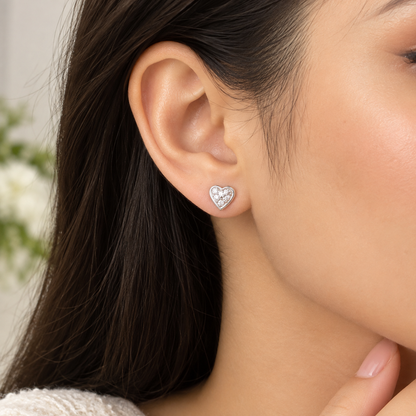 Silver Heart Stud Earrings – Dainty Bezel-Edged Crystal Heart Earrings