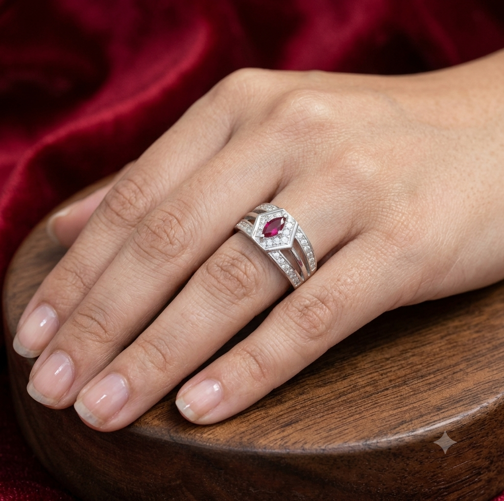 Pure 925 Silver Red Marquise Gemstone Statement Ring with Micro-Pavé CZ Multi-Row Band