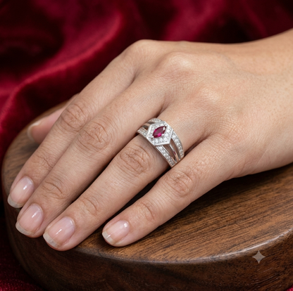 Pure 925 Silver Red Marquise Gemstone Statement Ring with Micro-Pavé CZ Multi-Row Band