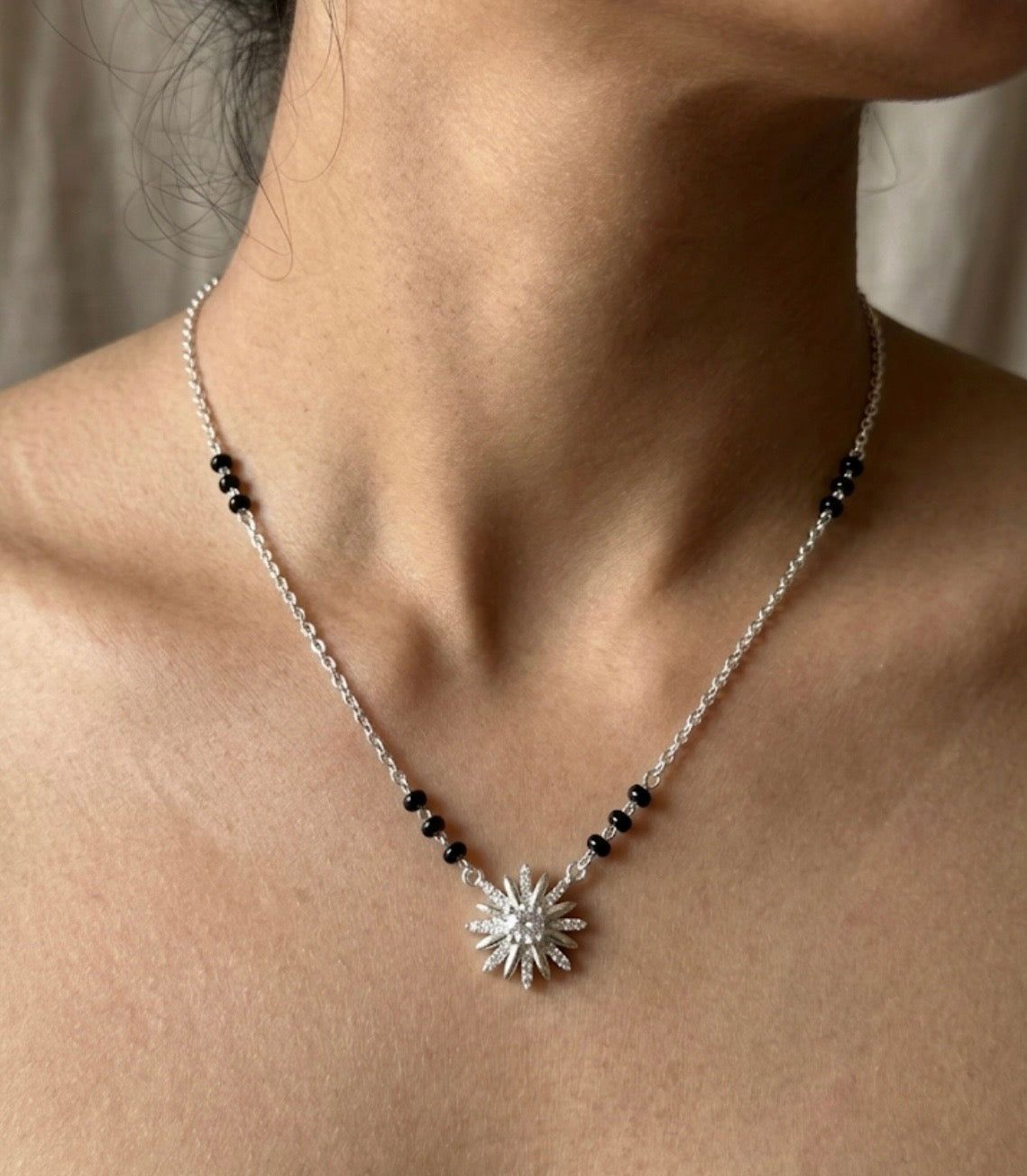 Italian Silver 925 Hallmarked Mangalsutra for Women |CZ Pendant | Black Beads Chain | Daily Wear & Gift for Wife