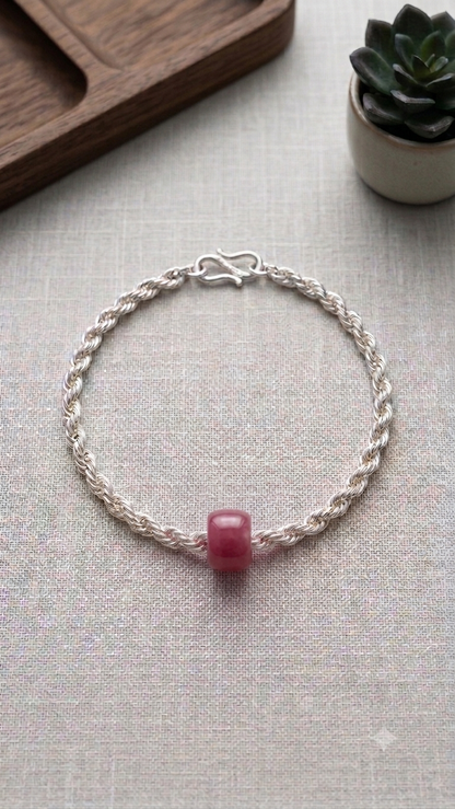 Silver Rope Chain Baby Bracelet with Gemstone Barrel Bead
