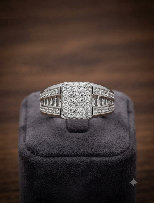 Men’s Rectangular Signet Ring with Baguette & Round Cut Accents in 925 Silver
