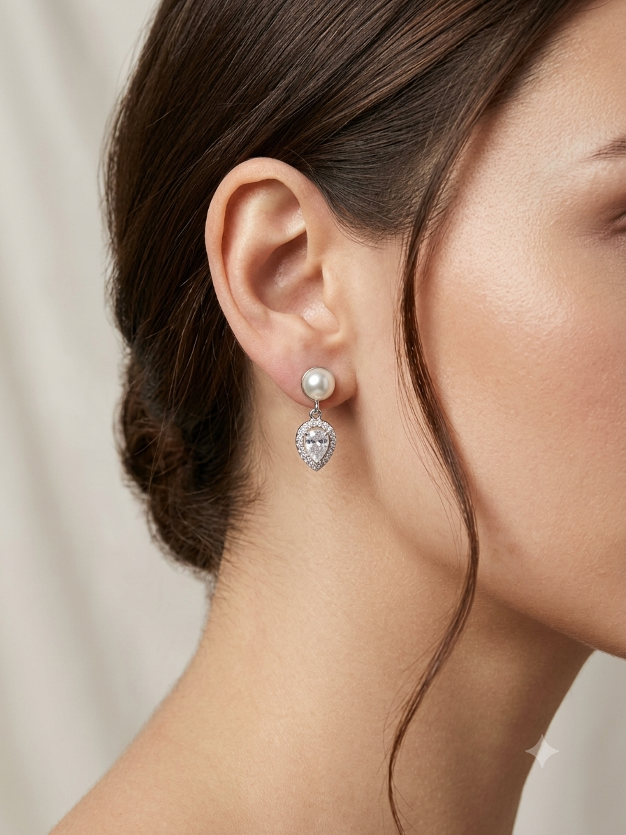 Aavika Zevar Sterling Silver Pearl Stud Earrings for Women & Girls | Elegant Teardrop Design