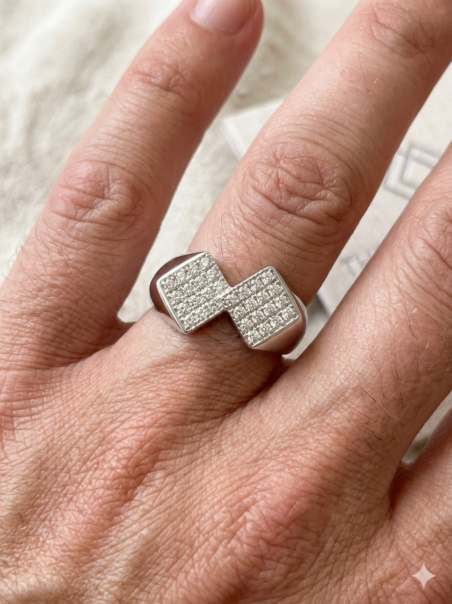 Men’s Elite 925 Sterling Silver Geometric Rhombus Ring – Cubic Zirconia Studded