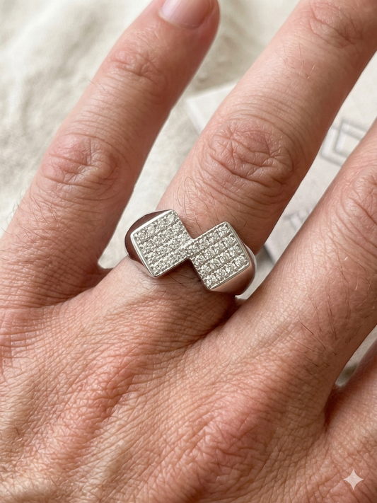Men’s Elite 925 Sterling Silver Geometric Rhombus Ring – Cubic Zirconia Studded