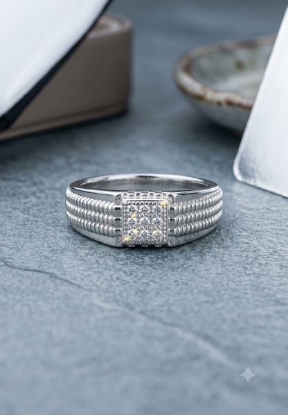 925 Sterling Silver Textured Rope Band Signet Ring for Men – Micro-Cubic Zirconia Square Cluster Ring