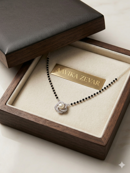 Italian Silver 925 Hallmarked Mangalsutra for Women |CZ and pearl Pendant | Black Beads Chain | Daily Wear & Gift for Wife