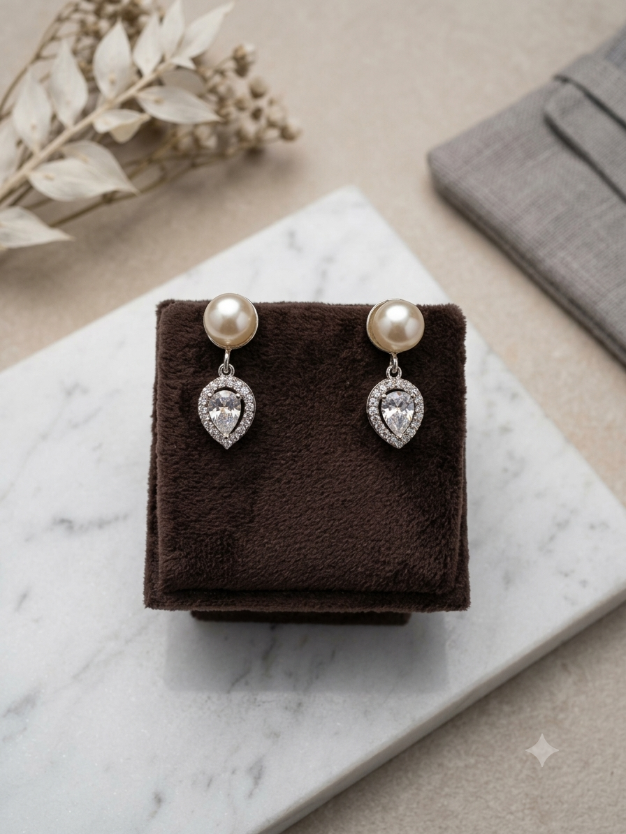 Aavika Zevar Sterling Silver Pearl Stud Earrings for Women & Girls | Elegant Teardrop Design