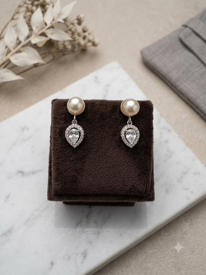 Aavika Zevar Sterling Silver Pearl Stud Earrings for Women & Girls | Elegant Teardrop Design