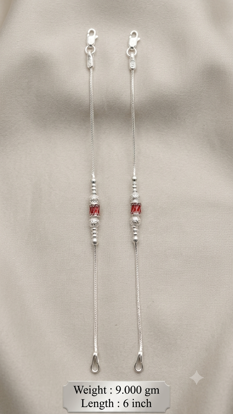 Silver Kids Anklet Pair with Red Meenakari Bead & Filigree Balls