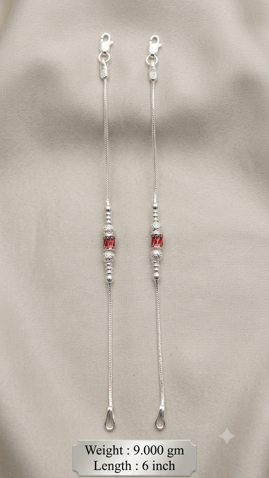 Silver Kids Anklet Pair with Red Meenakari Bead & Filigree Balls