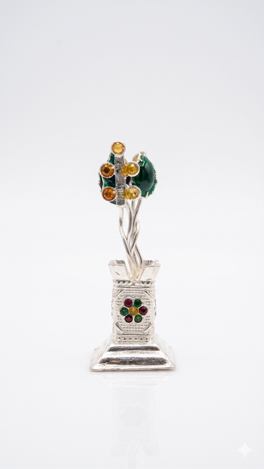 Pure Silver Tulsi Kyara Plant Idol with Meenakari & Stone Work | Chandi Tulsi Vrindavan for Home Mandir, Vastu & Griha Pravesh