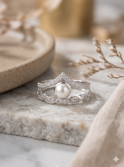 The Tiara Pearl Ring: 925 Silver Crown Band with Freshwater Pearl