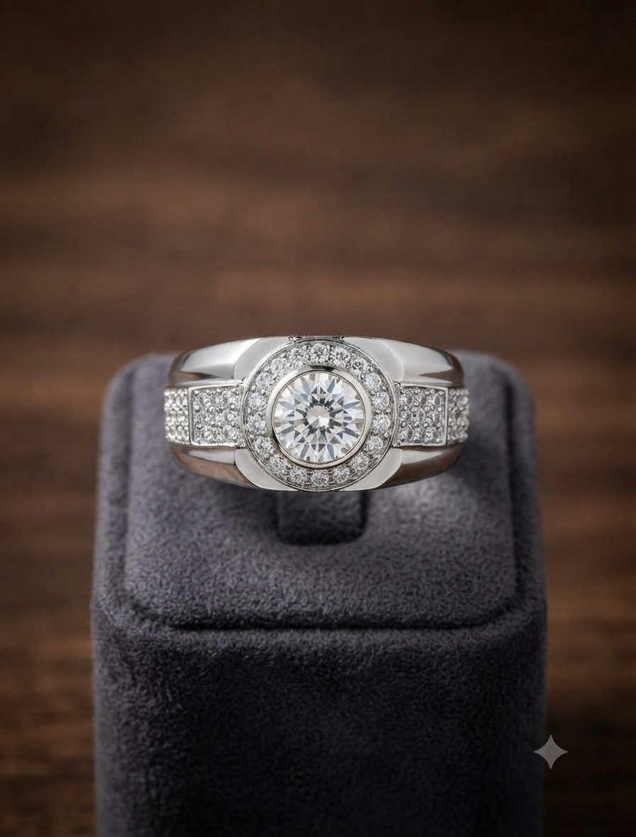 Men’s Round Cut Solitaire Double Halo Full Pavé Signet Ring in 925 Silver