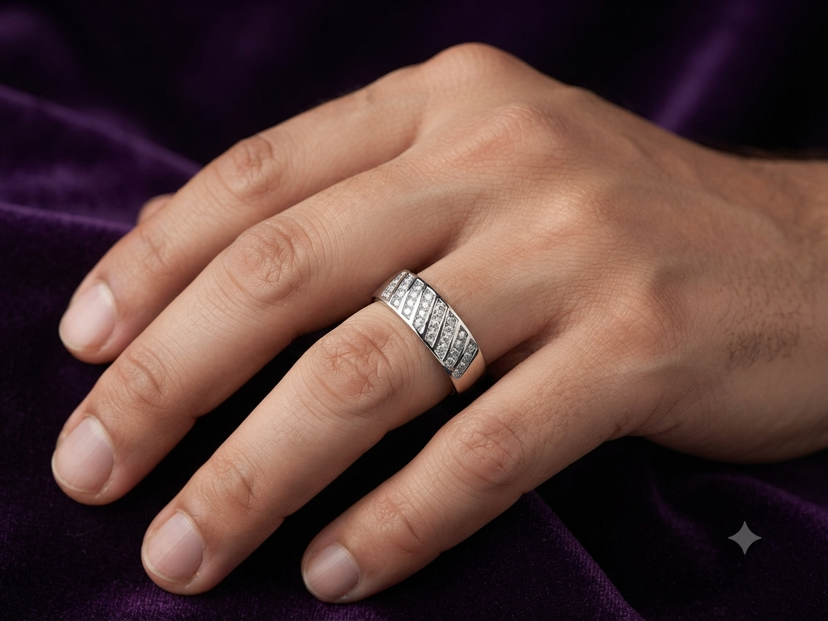 Men’s Sterling Silver Diagonal Pavé Band – Modern Channel-Set CZ Grooved Wedding Ring