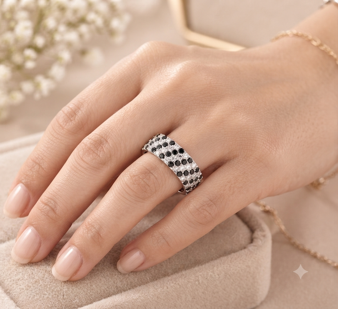 Black and White Spinel Pavé Wide Band Ring – Sterling Silver Polka Dot Statement Cigar Band
