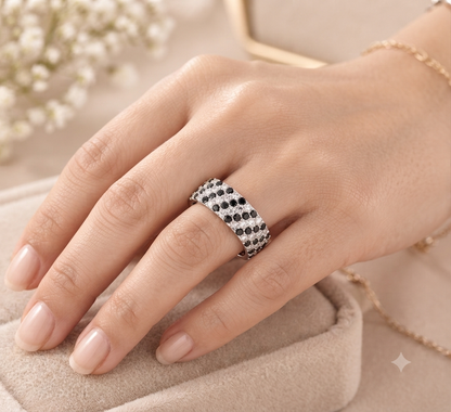 Black and White Spinel Pavé Wide Band Ring – Sterling Silver Polka Dot Statement Cigar Band