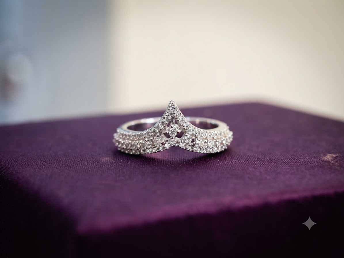 Sterling Silver Vanki Tiara Ring – Multi-Row Pavé Cubic Zirconia Crown V-Ring