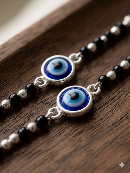 Silver nazariya with Black beads and evil eye center piece