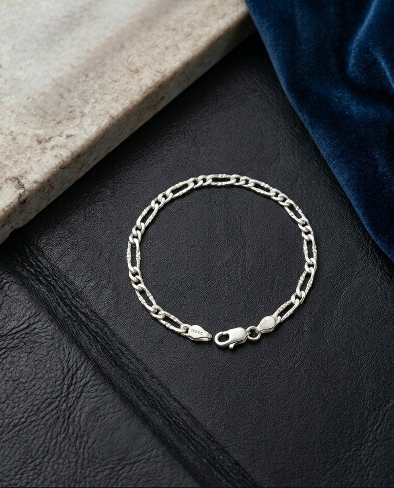 Classic Italian Figaro Silver Link Bracelet for Men | Textured Diamond-Cut 3+1 Silver Chain Bracelet with Lobster Clasp