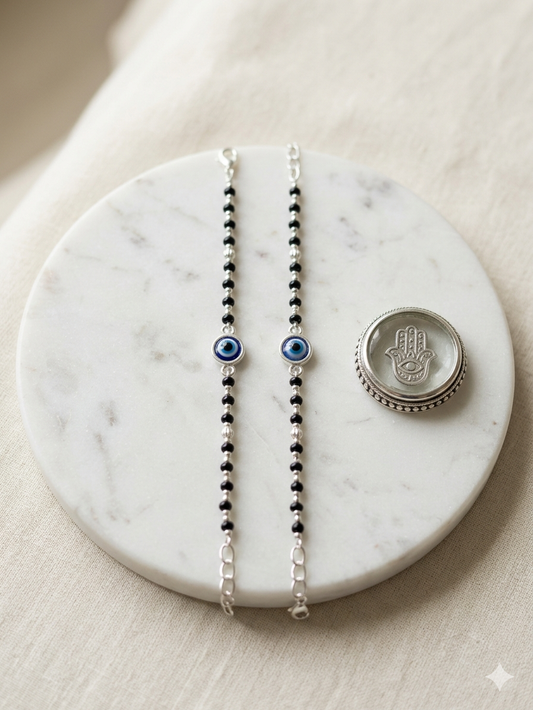 Silver nazariya with Black beads and evil eye center piece