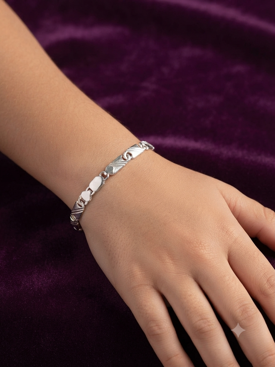 Classic Solid Silver Bar Link Bracelet for Men & Boys | High-Polish Diamond-Cut Engraved Chain Bracelet with Lobster Clasp