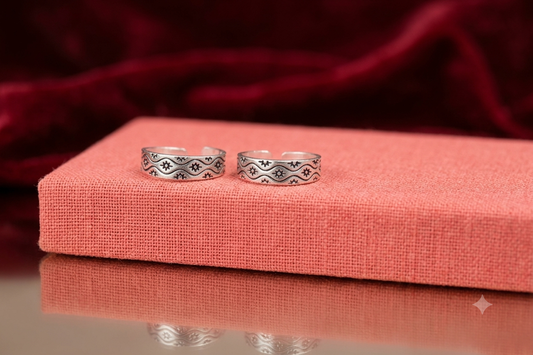 925 Sterling Silver Tribal Wave & Sun Engraved Toe Rings (Pair) – Adjustable Oxidized Bichhiya