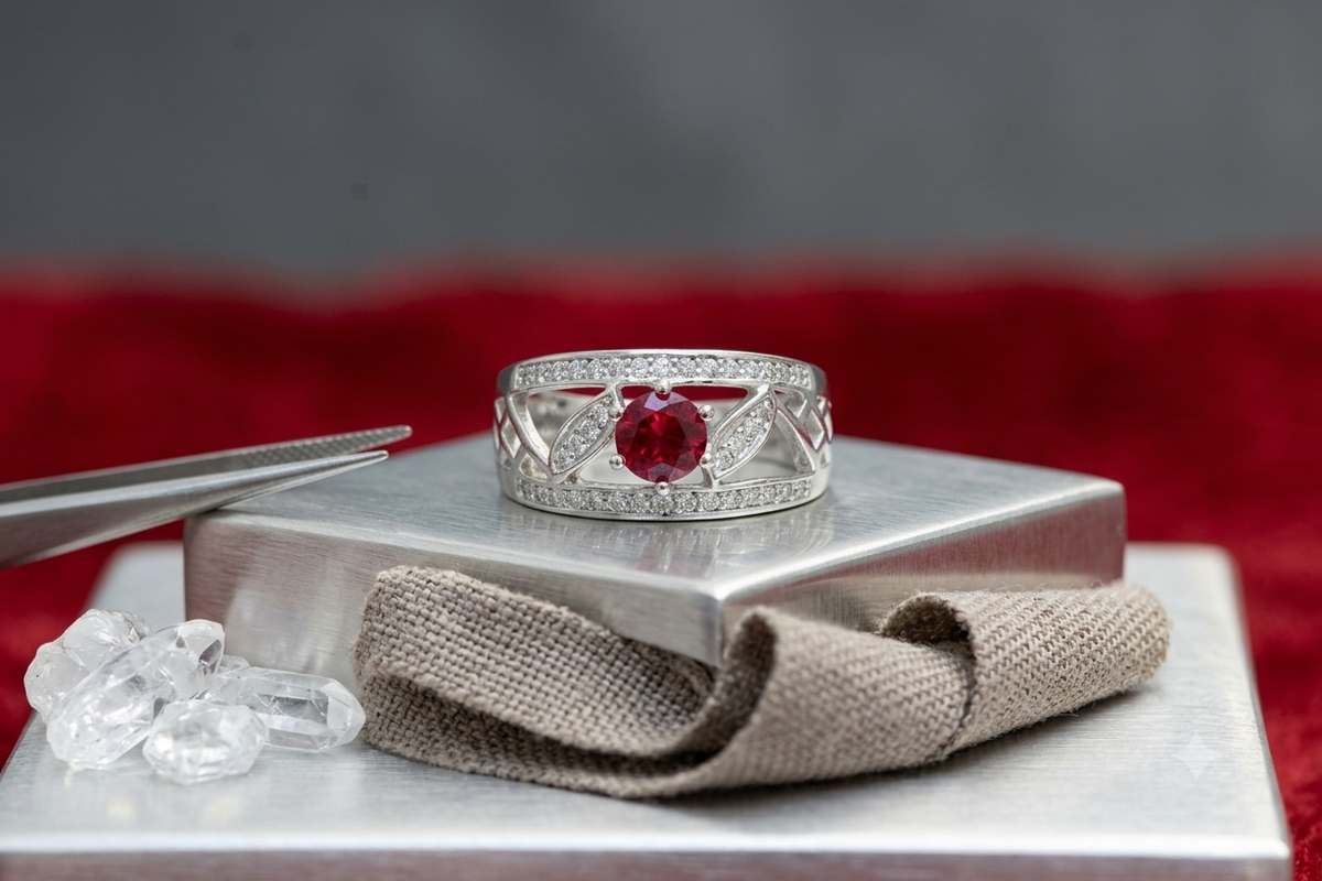 925 Sterling Silver Ruby Red Solitaire Statement Ring with Filigree Lattice & Pavé CZ for Women