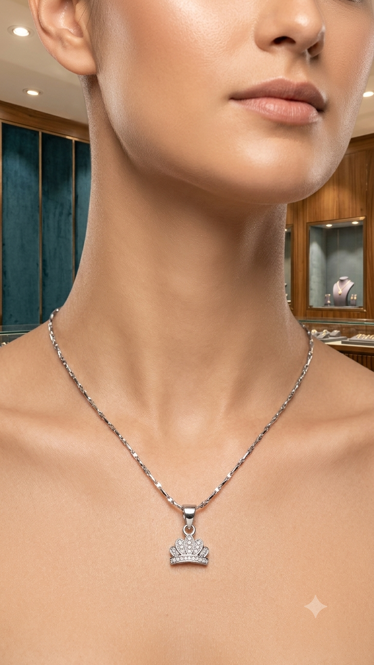 925 Silver Crown Pendant With Chain – Sparkling Zirconia Tiara Charm Jewelry for Women