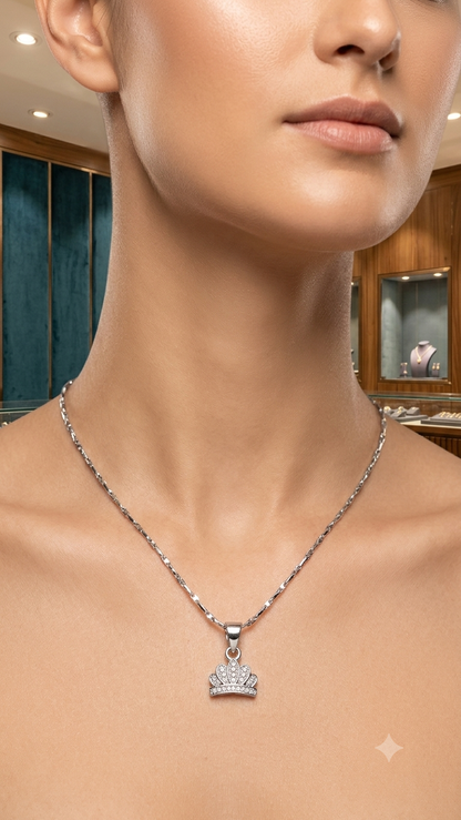 925 Silver Crown Pendant With Chain – Sparkling Zirconia Tiara Charm Jewelry for Women