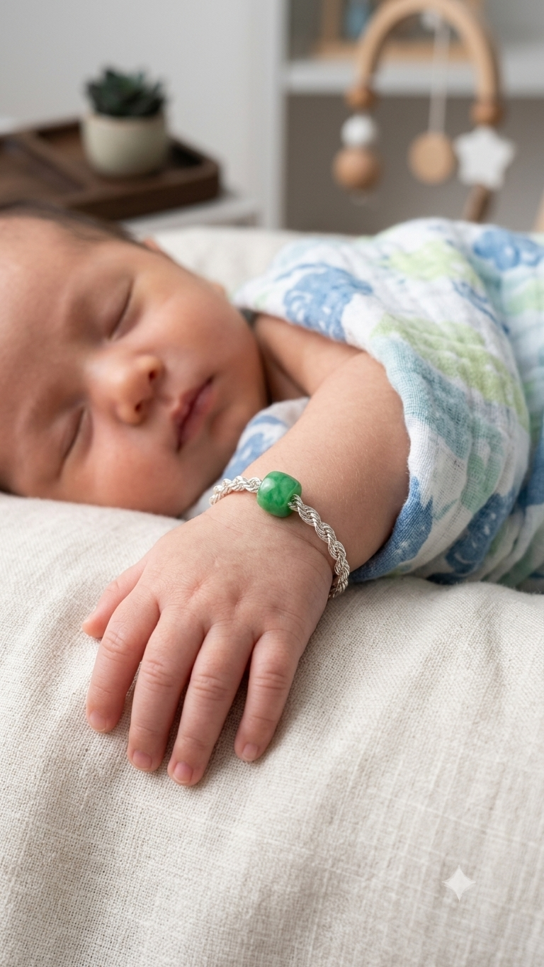 Silver Rope Chain Baby Bracelet with Gemstone Barrel Bead