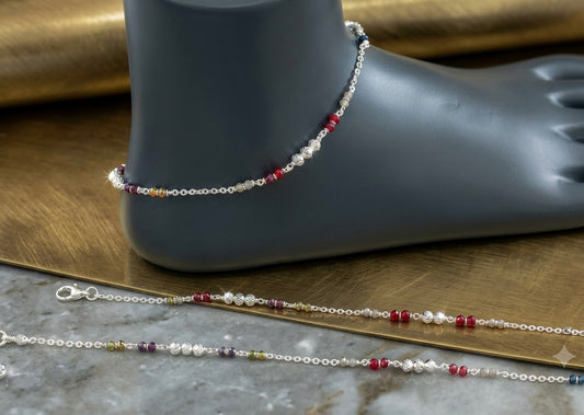 Stylish Silver Chain Anklet with multi color Beads – Everyday Wear Sterling Silver Payal