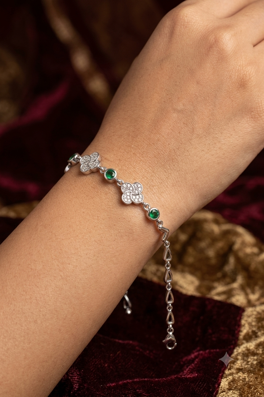 925 Sterling Silver Floral Clover Bracelet with Green Emerald & American Diamond Stones | Adjustable Dainty Link Bracelet for Women