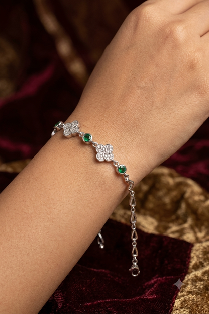 925 Sterling Silver Floral Clover Bracelet with Green Emerald & American Diamond Stones | Adjustable Dainty Link Bracelet for Women