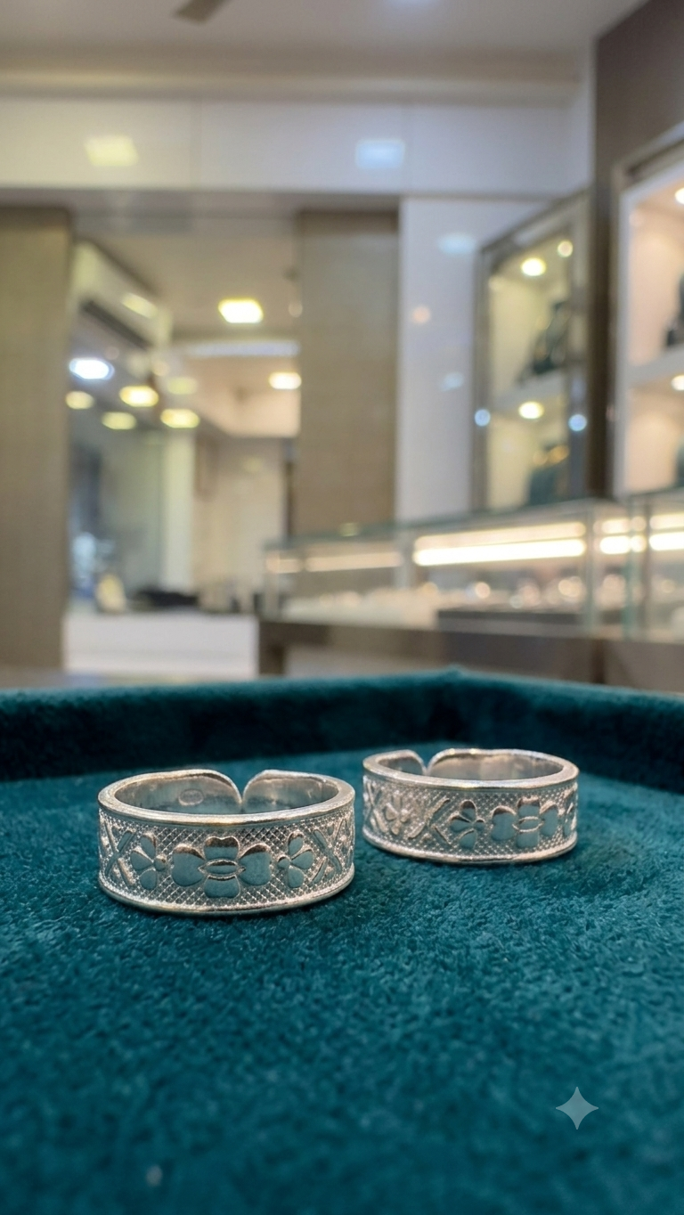 Silver Floral Textured Toe Rings (Bichiya) for Women – Wide Band Adjustable Pair