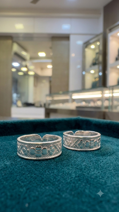 Silver Floral Textured Toe Rings (Bichiya) for Women – Wide Band Adjustable Pair