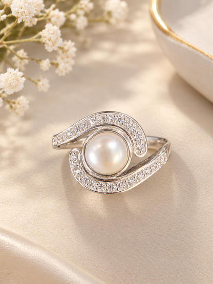 Celestial Wave Pearl Ring – Sterling Silver