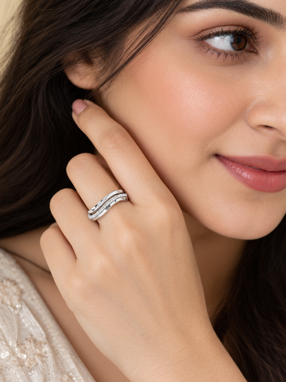 Sterling Silver Double-Band Curved Wave Ring -Set Contoured Stacking Band