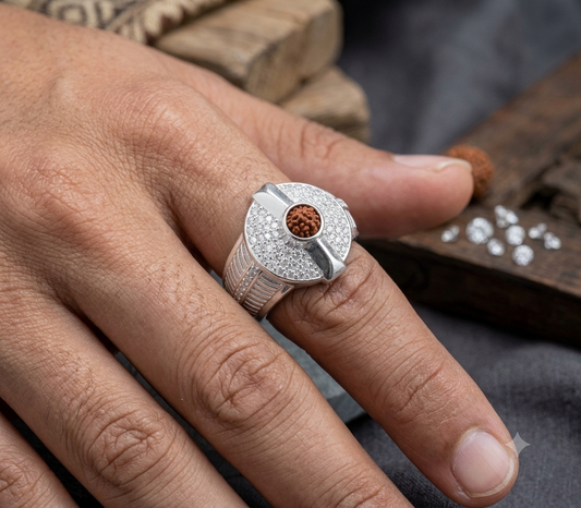 Men's Silver Original Rudraksha Statement Ring / Shiv Tilak Devotional CZ Band