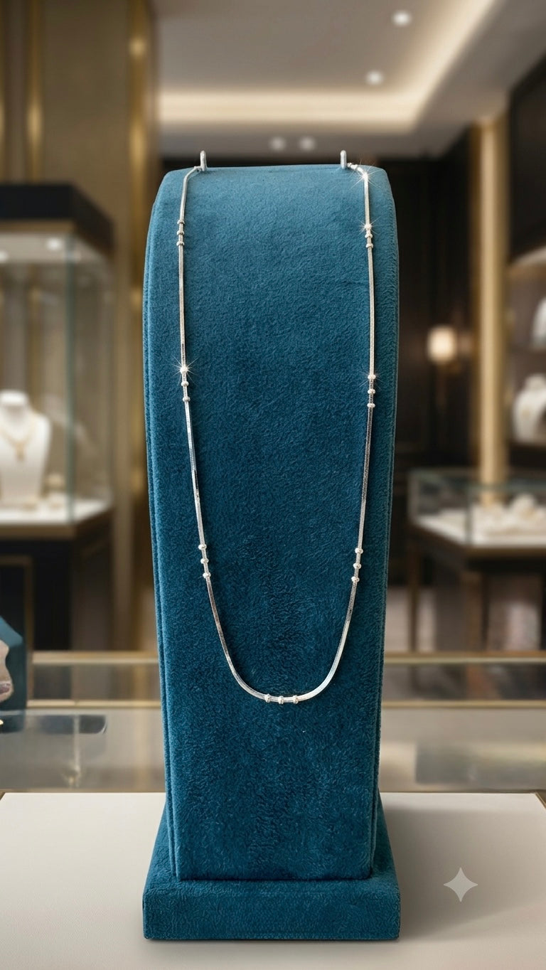 925 Silver Station Bead Herringbone Necklace – Sleek Flat Snake Chain Choker for Women