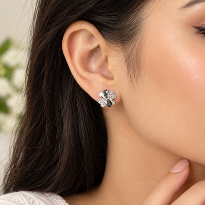 Four-Leaf Clover Crystal Stud Earrings – Silver Two-Tone Pavé Floral Studs