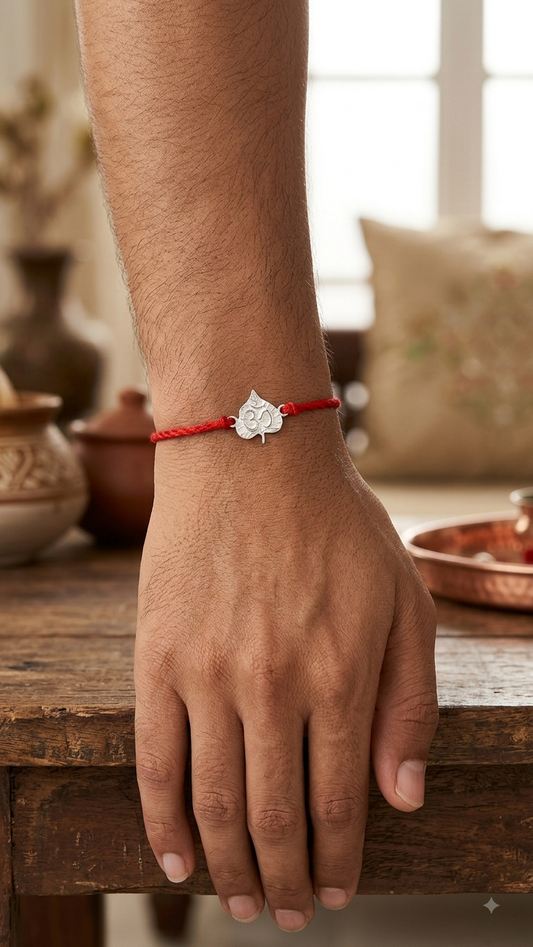 Silver Peepal Leaf Om Sacred Red Thread Rakhi ( set of 3/5 )