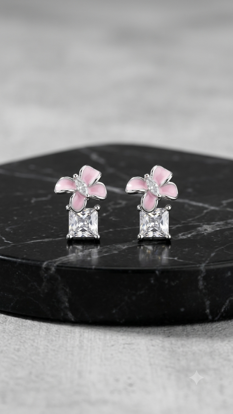 Aavika Zevar Sterling Silver pink butterfly with hanging stud Earrings for girls