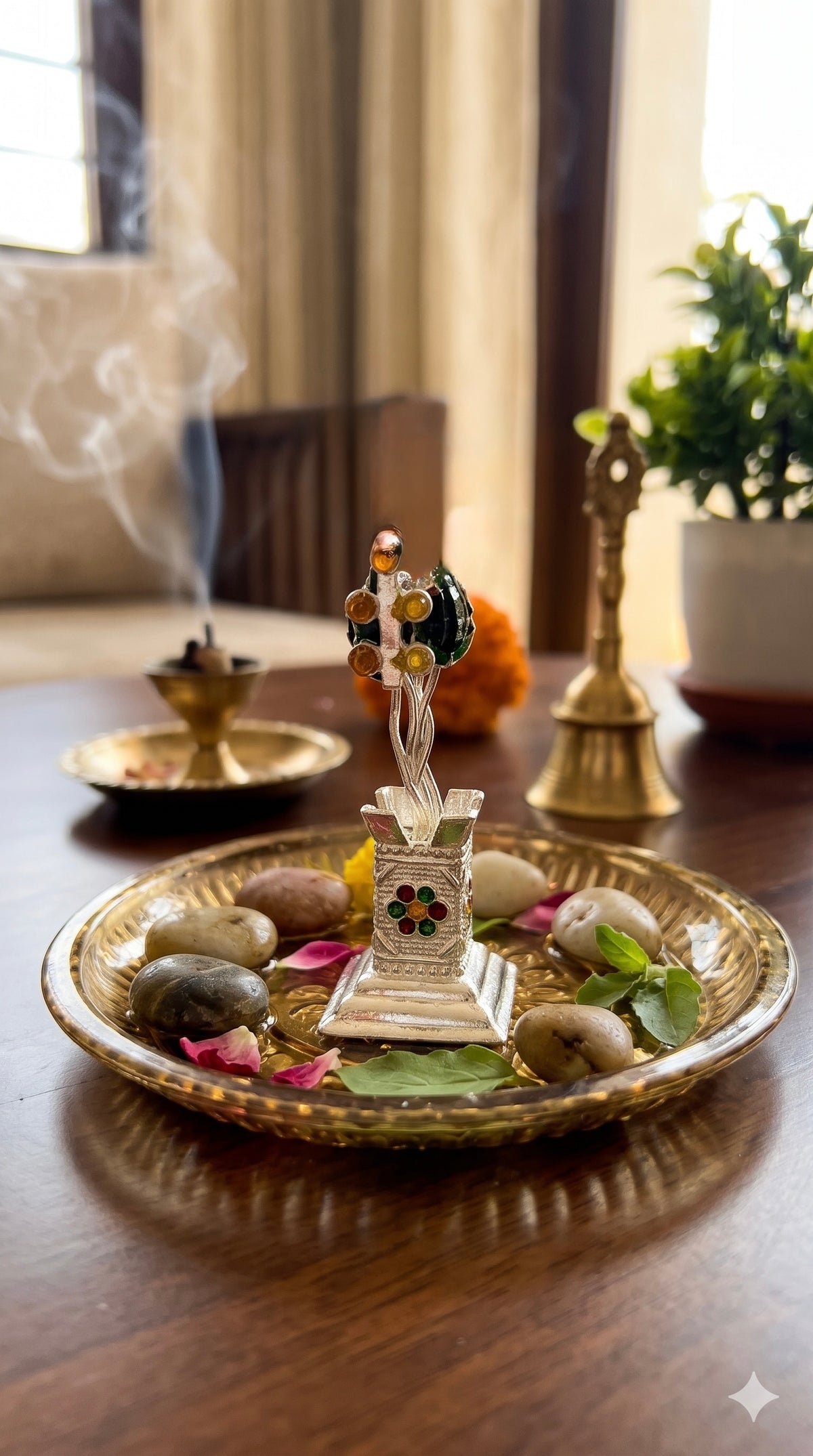 Pure Silver Tulsi Kyara Plant Idol with Meenakari & Stone Work | Chandi Tulsi Vrindavan for Home Mandir, Vastu & Griha Pravesh