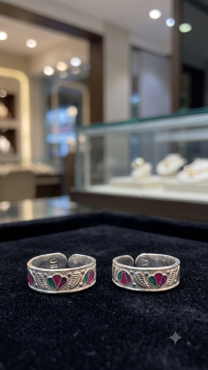 Silver Traditional Meenakari Floral Toe Rings (Bichiya) for Women – Hand-Painted Enamel Adjustable Pair
