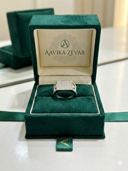 Aavika Zevar Men’s Rectangular Diamond Signet Ring in 925 Silver