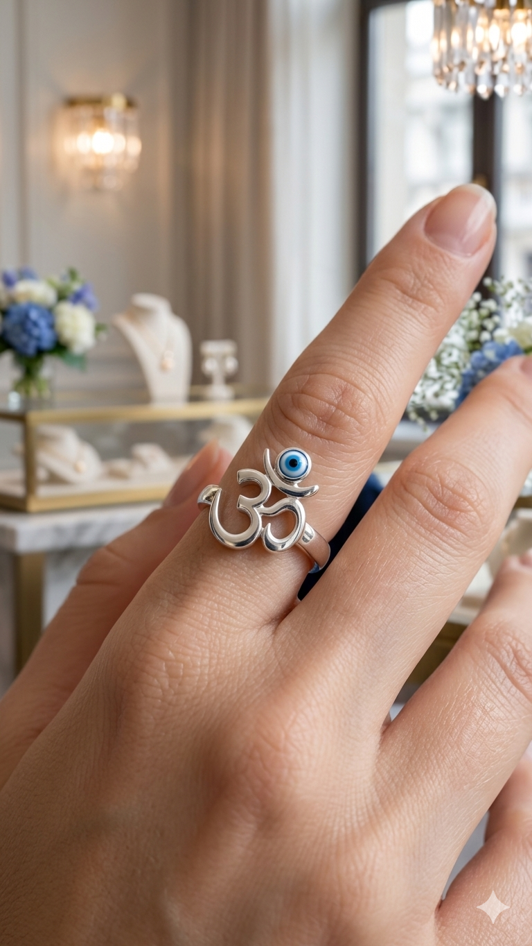 925 Sterling Silver evil eye aum unisex Ring