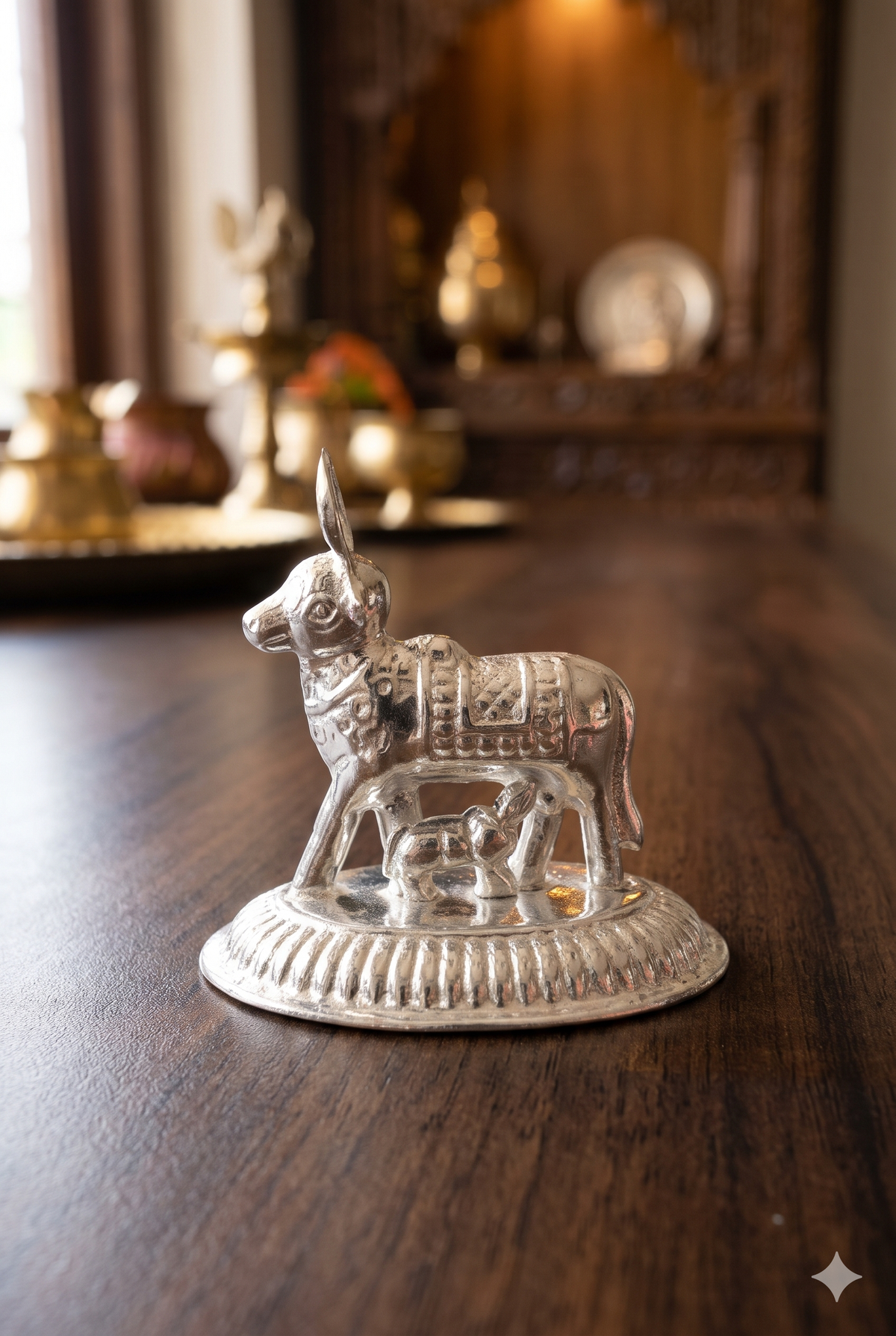 Silver Kamadhenu Cow and Calf Idol on Carved Oval Pedestal, Auspicious Gau Mata Murti for Pooja Mandir, Vastu Prosperity & Housewarming Gift