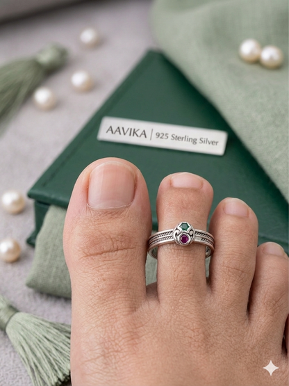 Red Enamel Pattern Silver Mosaic Toe Rings