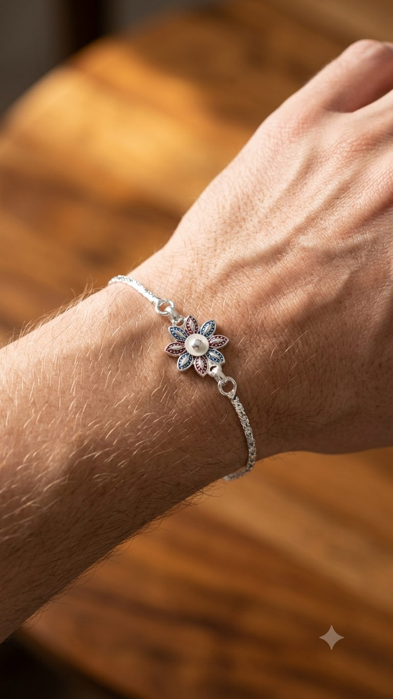 Handcrafted Silver Floral Mandala Bracelet / Rakhi with Turquoise Accents